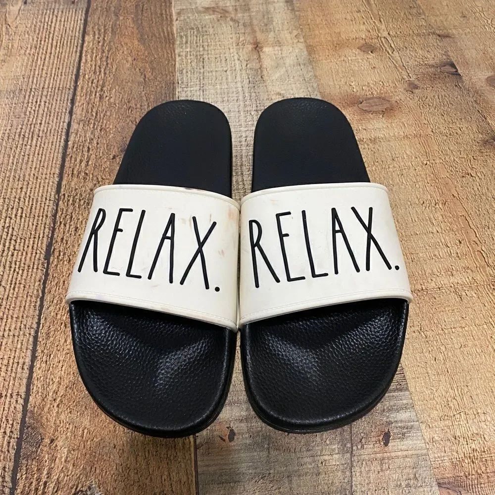 💜 Rae Dunn Womens Relax Slides Beach Sandals Size 9 Black White Band Slides